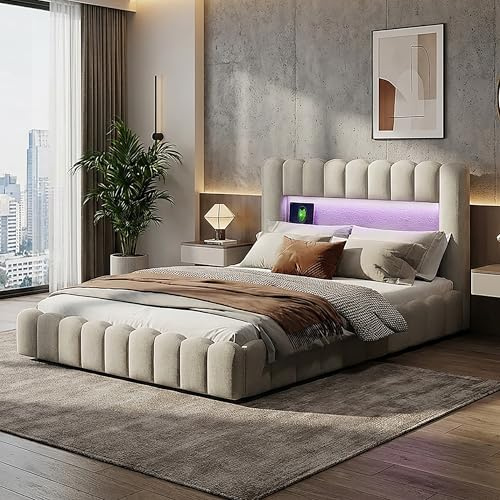 JYCRA Bett mit Bettkasten, 180 x 200 cm mit Boxspringbett, Doppelbett mit LED, hydraulische Aufbewahrung, Bettgestell mit Lattenrost, Leinen, ohne Matratze (180 x 200 cm, Beige Leinen)