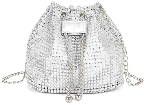 XFSRG Bolso Mujer con Brillantes Diamantes Elegante de Noche Clutch con Cadena para Fiestas Bodas Banquete(Plata)