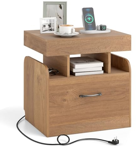 RELAX4LIFE Comodino con Stazione di Ricarica, Tavolino con Cassetto e Ripiano Superiore Scorrevole, Tavolo Ausiliario Moderno con Vassoio e Ripiani Aperti per Camera da Letto, Soggiorno (Naturale)