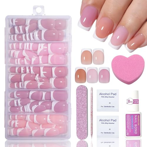 160PCS 5 Farben Künstliche Fingernägel Nude Pink French - Full Coverage Fake Nail mit Kleber - geeignet für Nail Art DIY Nageldesign Frauen (Pink Square)