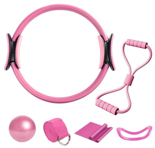 Zyiphor 6 Piezas Kit Pilates en Casa, Aro Pilates Mujer Cintas Elásticas Musculación Pilates Essential Kit para Ejercicios de Pilates, Yoga,Gimnasia (Rosa)