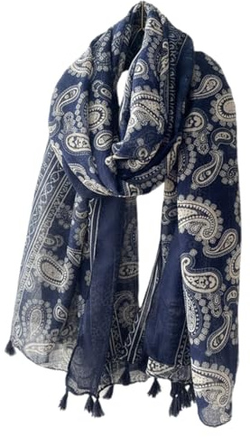 DOKRIN Echarpes femme,Châle fin bleu marine à imprimé ethnique rétro, en coton et lin, pour femme, automne/hiver Turban en noix de cajou