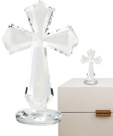 Kristallkreuze Klein - 15 cm Tischdekoration Christliche Skulptur Kreuzigung | Kreuz Schreibtisch Deko mit 360° facettiertem Design für katholische Familien, Sammler, Bücherregal, Nachttisch, Couchtis