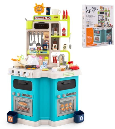 GOPLUS Cocina de Juguete para Niños, Cocinita Infantil con Sonidos y Luces, Fogón a Vapor Realista, Fregadero con Circulación de Agua, 75 Accesorios, Juego de Imitación para Niños de 3+ Años (Azul)