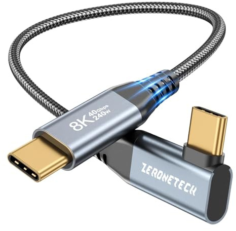 ZeroneTeck Cable Thunderbolt 4 USB4 0.15M: Cable Usb C Video 4K/8K HDR, 40Gbps, 240W Carga Rápida, Compatible con iPhone 17/16, MacBook Air/Pro M1/M2, Mac Studio, Studio Display (Ángulo de 90°)