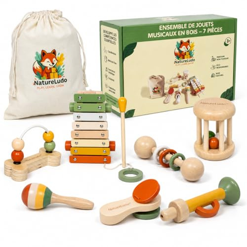NatureLudo Instruments de Musique Enfant en Bois - 7 Pièces Montessori | xylophone maracas bébé - idée cadeau noël et anniversaire dès 3 ans