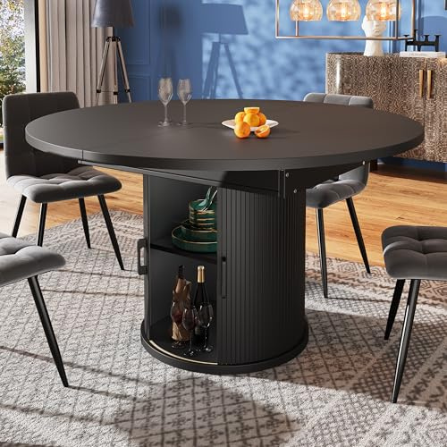 Miyemo Extendable Round Dining Table, 118-158 cm Oval Kitchen Dining Room Table with Storage for 6 People, Extends to Oval, for Home & Living Room, Black