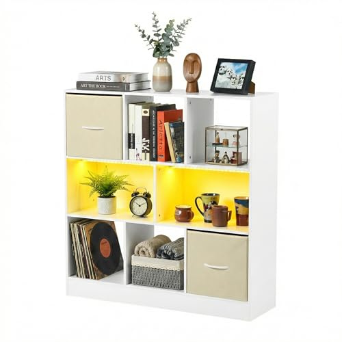 Bücherregal,Kleines Regal Bücher Holz,Bücherregal Kinder Raumteiler Regal Schrank mit 2 schubladen aus Vliesstoff 8 Fächern Lichtleiste,für Wohnzimmer Schlafzimmer Kinderzimmer Büro,Weiß,97x30x100cm