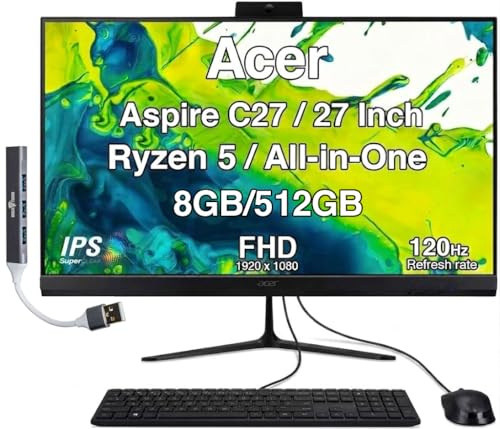 Acer Aspire C27 All-in-One Desktop, 27 IPS FHD, Intel Core 5 120U | 8GB DDR5, 512GB PCIe SSD, USB Keyboard and Mouse, Wi-Fi 6E, Bluetooth 5.3, Webcam, Windows 11 Pro /w USB Hub