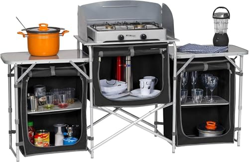 HEWATN Campingküche Aluminium Küchenbox für Camping, Outdoor Kochen, Mobile Campingschrank mit Aufrollbarer Alu-Arbeitsplatte, 3 Stauraumfächer, für Campingplatz & Outdoor-Aktivitäten