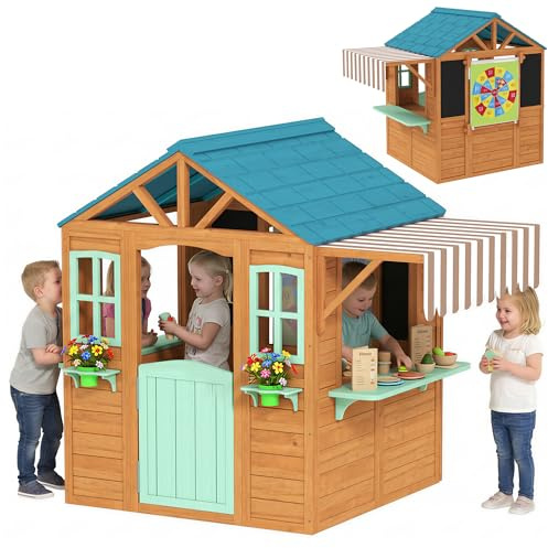 AIYAPLAY Casetta giocattolo per bambini in legno, per esterni, con bancone di vendita, per piante, 4 palline, finestre, casetta da giardino, per bambini dai 3 ai 6 anni, 142 x 120 x 141,5 cm