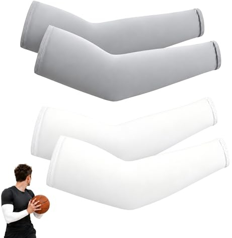 2 Pares Mangas para Brazos Deporte, Manguitos Ciclismo Running, Manga Brazo para Voleibol, Baloncesto, Golf, Fitness, Gaming, Padel, Cubrir Tatuaje, Hombre Mujer, Blanco y Gris Claro, 4 Piezas