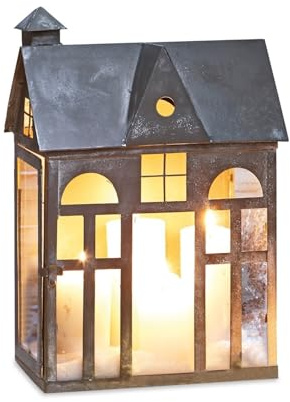 Loberon Laterne Sweet Home, in Form eines Hauses, Antik-Finish, für Teelichter oder Stumpenkerzen, Dekoration, Wohnaccessoire, Eisen, Glas, antikgrau