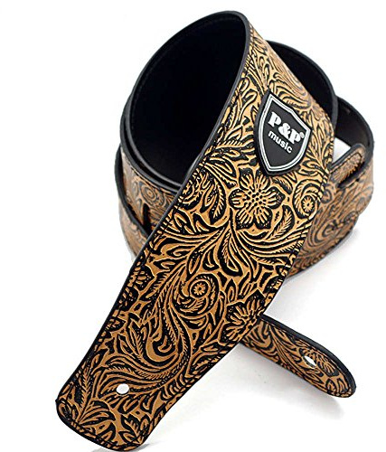 Art Attack Tan Leather Floral Flower Music Electric Acoustic Ukulele Bass Guitar Strap