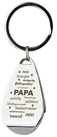 Flaschenöffner als Schlüsselanhänger mit Gravur Eigenschaften eines Papa - Chrom - als Geschenk zum Vatertag, zum Geburtstag oder zu Weihnachten