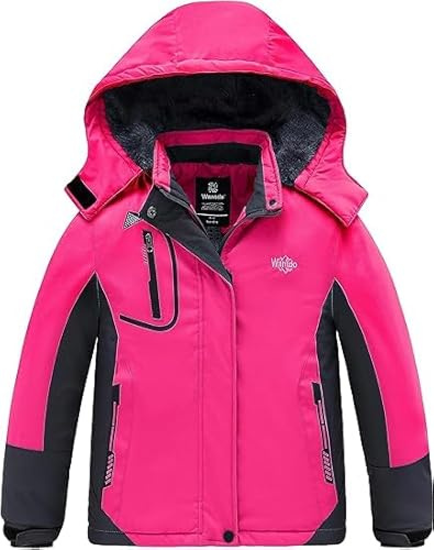 Wantdo Flickor berg skidjacka varm vinter fleece rock vattentät andas regnrock utomhus huvor jackor, Rosenröd, 128 cm