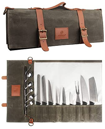 FIREDOG Borsa arrotolabile per coltelli (10 tasche), in tela cerata per coltelli da chef, custodia per il trasporto di coltelli, con manico e tracolla (coltelli non inclusi), Verde, Classico