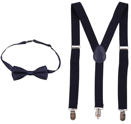 Trimming Shop Barn hängslen fluga set, barn justerbar helt elastisk klämma – på Y-form hängslen med fluga, klädtillbehör för pojkar och flickor, 25 mm bred, Marinblått Xsp, 85 cm (12-16 År)