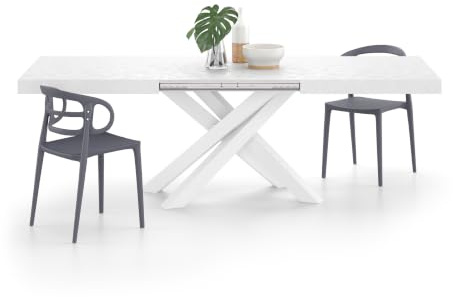 Mobili Fiver, Uttöjbart bord Emma 160(240) x90 cm, Vit Betong med vita korslagda ben, Tillverkad i Italien
