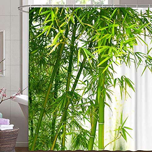 M&W DAS DESIGN Duschvorhang Bambus Textil Vorhang grün exotisch Bambus-Baum-Wald Schimmelresistent Bambusblatt Farbefest inkl. 12 C-Ringe Gewicht unten