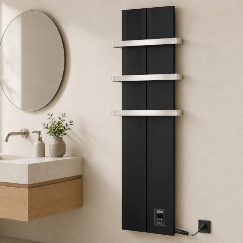 Finesa-D Badheizkörper elektrisch mit Thermostat 1200×408 mm | 900 W – Flacher Paneel Design Handtuchheizkörper – Schwarz – energiesparend – 5 Jahre Garantie