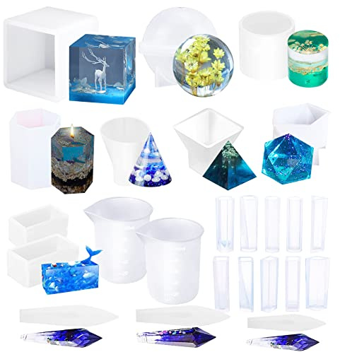 24 Stück Kristall Silikonform Gießform Pendel Kristall Resin Form Kit, Pyramide Schmuck Silikonform Kugel Streifen Kegel Zylinder Harz Formen Silikon für Schmuckherstellung