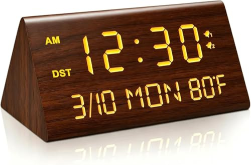 Kogonee Wooden Digital Alarm Clock, 0-100% Dimmer, 2 Alarm Settings, Weekday/Everyday Mode, 9 Mins Snooze, 12/24H, Temperature and Date Display for Office, Travel, Bedroom Alarm Clock (Brown)