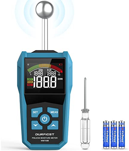 Wood Moisture Meter, DURFICST Pinless Moisture Meter with Colour LCD Display and Audible Alarm, Moisture Reader for All Building Materials, Wood, Wall, Plaster, Masonry…