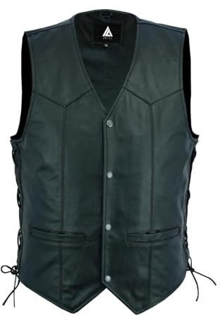 Men’s Genuine Cowhide Leather Motorcycle Vest | Classic Side Lace Biker Waistcoat with Durable Stitching (US, Alpha, X-Large, Regular, Regular, BLACK)