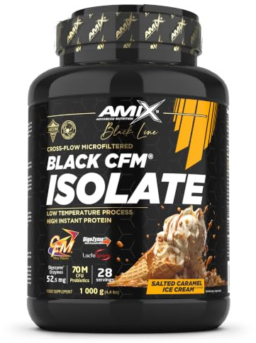 Amix | Proteína BLACK CFM ISOLATE - Ayuda a Mantener la Masa Muscular - Con Enzimas Digestivas - Fácil Digestión - Rápida Absorción - Proteína en Polvo - 1 Kg - Sabor Caramelo-salado