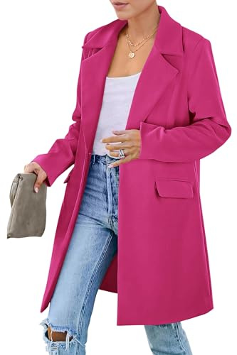 PRETTYGARDEN Womens Winter Long Blazer Jackets Long Sleeve Lapel Pockets Loose Fit Business Casual Blazers Outerwear (Rose Red,X-Large)