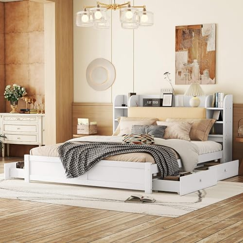 HYUB Doppelbett 180 x 200 cm mit Vier Schubladen und Stauraum-Kopfteil, Stauraumbett Funktionsbett mit Lattenrost aus Stabiler Kiefernholz, für Erwachsene und Jugendliche, Ohne Matratze