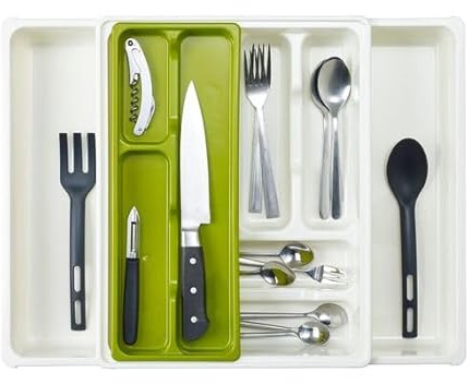 ZARVICZONIA Adjustable Cutlery Drawer Organiser, Expandable Utensil Tray for Kitchen, Adjustable and Flatware Holder, Compact Plastic Storage for Spoons Forks Knives, Large (Cream)
