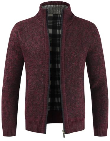 Shuanghao Cárdigan de Punto para Hombre，con Cremallera y Bolsillo,Manga Larga,Cálido Suéter Grueso，Casual,Moda,Suave,con Forro Polar,Hombre Chaqueta Otoño Invierno Rojo-Vino M