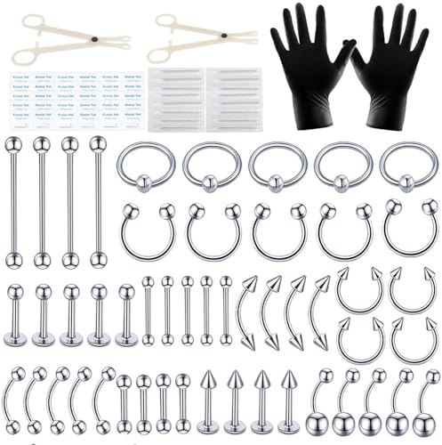 Yoljun 104 Pcs Piercing Kit, Stainless Steel Piercing Needles for All Piercings 14G 16G Ear Piercing Kit Nose Septum Cartilage Tragus Belly Nipple Tongue Smiley Lip Ring