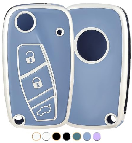 OFF WE GO Autoschlüssel Hülle Schlüsselhülle Cover für FIAT Bravo Doblo Ducate Panda Grande Punto Stilo Ulysse Fiorino Idea Qubo Schlüsselcover 3 Tasten Schlüssel Schutz Gehäuse, Blau Silber