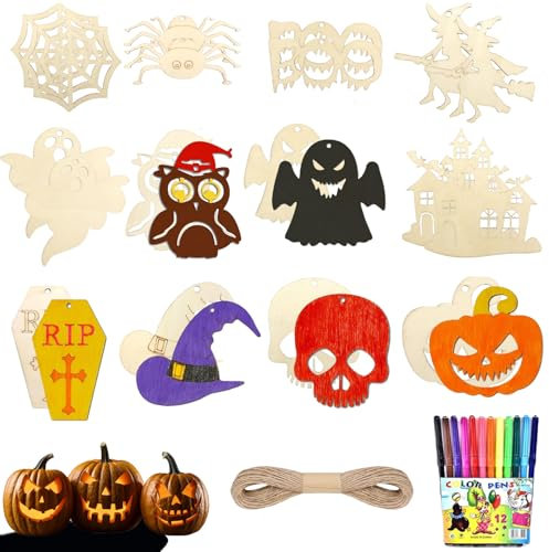 Qeioauek Basteln Halloween,24 Stück Halloween Holz Bastelset,Bemalen Holzbastelset,Halloween Deko Basteln,Bemalen DIY Holzbastelset,Kordel,Aquarellstifte,für Mädchen Junge Halloween