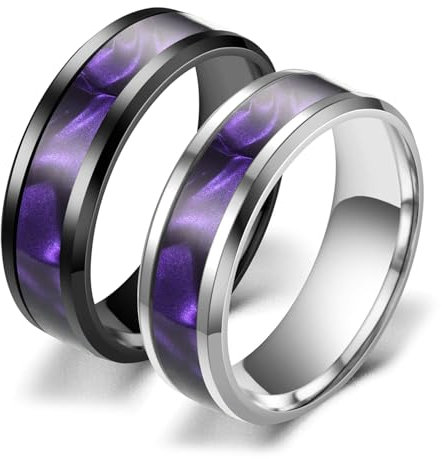 Daesar Paar Ringe für Sie und Ihn Set mit Gravur, Verlobung Ringe Edelstahl 6MM mit Lila Aufklebern Hochzeitsringe Partnerringe Personalisiert Silber Gr.55 (17.5)& Schwarz Gr.62 (19.7)