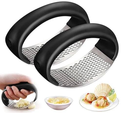 Prensa de Ajos, Machacador de Ajos, Picador de Ajos Manual Acero, Pelador Ajos Acero Inoxidable, Picadora de Ajo para Lavavajillas, Utensilio de Cocina, Fácil de Usar y Limpiar (2PC)