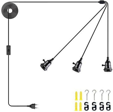 JZCDR Schwarz Pendelleuchte mit Stecker 3 Flammig Fassung E27 mit Kabel | 6,3M Hängelampe mit Stecker und Schalter Vintage DIY Hängeleuchte für Esszimmer Schlafzimmer Loft, Ohne Glühbirne