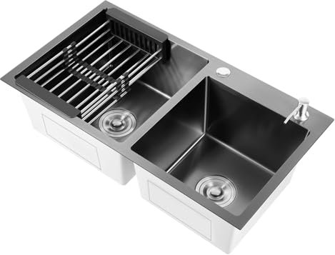 Levkitch Lavandino Doppio 78 * 43 * 22.5cm,2 Vasche Lavello Cucina in Acciaio Inox 2 Fori Vasca con kit di scarico e filtro cestello nero Drop In