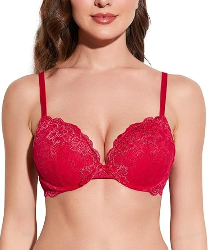 Deyllo Push-Up-BH für Damen, mit Spitze, bequemer gepolsterter Bügel-BH, hebt an, vergrößert um eine Körbchengröße