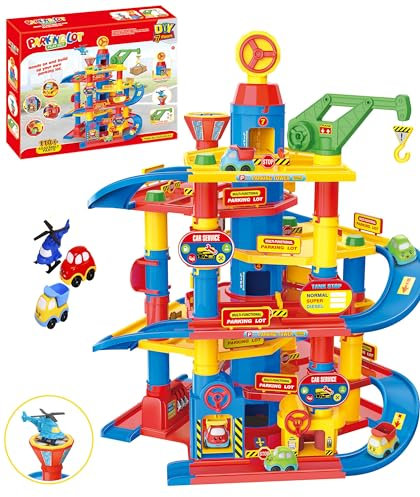 COIL Auto Parkhaus Kinder mit Autowaschanlage, Kran und Aufzug - Robustes Parkgarage Spielset für Kinder ab 3 Jahren, Interaktives Spielzeug mit Tankstelle, Große Spielgarage Kreatives (110 Elemente)