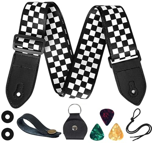 VIRAHYEM Gitarrengurt, Leder-Enden, Gitarrengurt, Akustikgitarrengurt, Nylon, personalisierbar, Schachbrett-Gitarrengurte für Akustik-, Klassik-, Elektro-, Bassgitarren, tolles Geschenk für