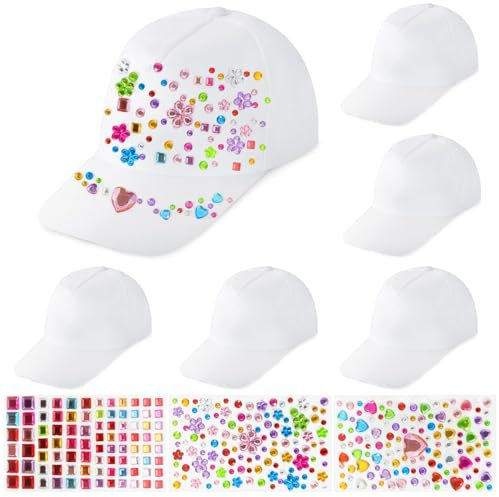 Voarge 6 Stück Kinder Kappen zum Bemalen,DIY Baseballkappe,Baseballcap Anstrich Hut Mütze Kinder Baseballmütze mit 3 Pcs Edelstein Aufklebern