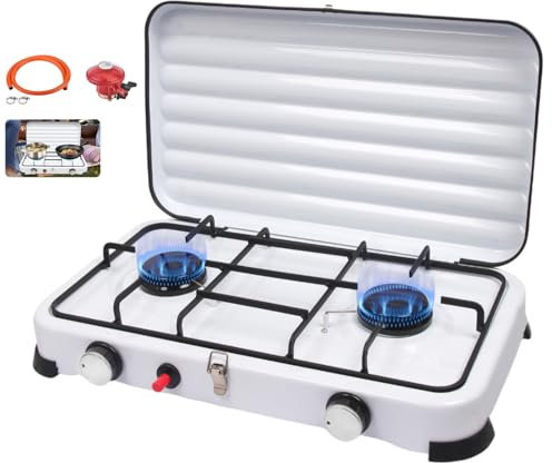 Fornello Gas GPL da Campeggio Portatile 2 Fuochi 4,4kW - Accensione Automatica, Controllo Temperatura - Regolatore 37 mbar + Tubo PVC 150 cm, Fornellini da Campeggio
