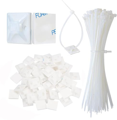 250Pcs 200mm Cable Ties with 20 x 20mm Zip Tie Adhesive Mounts Self Adhesive Base Holders, Outdoor Sticky Wire Fasteners Cable Clips Management Anchors Organizer Holders Squares (White)