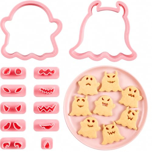 Juego de 12 cortadores de galletas de fantasma, cortadores de galletas 3D de Halloween, cortadores de galletas prensables de plástico para decoración de fiesta de Halloween