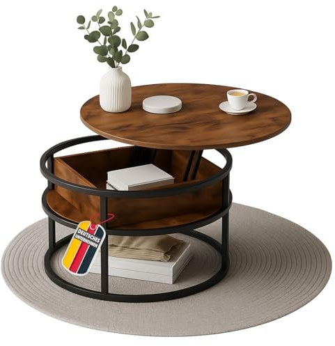 Coemo Couchtisch Swing, Braun, verstellbare Tischplatte, verdecktes Fach | Metall & Holz, Beistelltisch für Wohnzimmer, Sofatisch rund mit Stauraum, Metalltisch modern, zerlegt