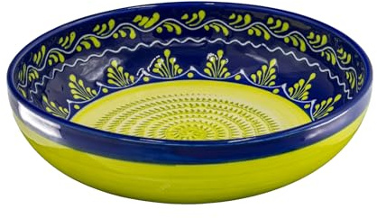Kaladia - Reibeschüssel/Keramikhobel - ideal zum Gewürze reiben und Servieren von Gerichten - Motiv: Blau mit grüner Verzierung - Durchmesser: 27 cm - handgemacht & handbemalt - Made in Spain